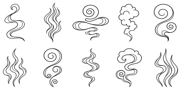 Smoke steam of coffee with smell line icon set. Hand drawn scent stream and wavy aroma doodle lines. Sketch hot vapor steam with smell and cooking fragrance