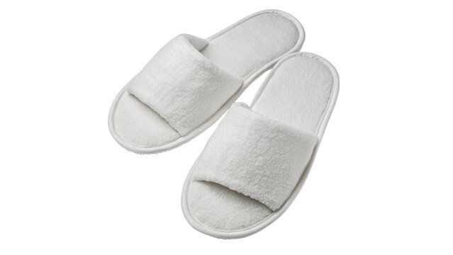 A pair of white terry cloth hotel spa slippers isolated on transparent background