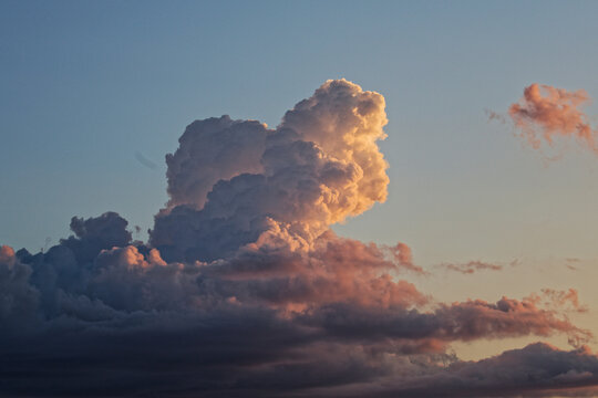 View of a dramatic cumulus cloud shaped like a bear illuminated by golden sunset light against a clear sky in Bayport, Florida, United States.