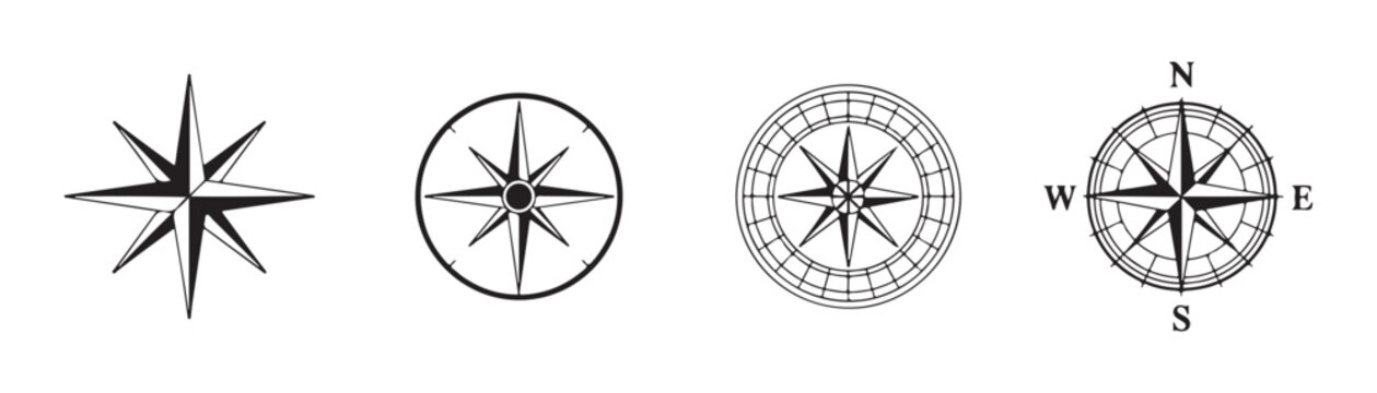 Collection of compass rose designs for navigation and direction in black and white.