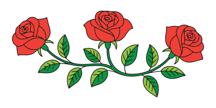 Colorful three red rose buds on green stem with leaves in simple flat vector illustration style.