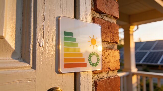Showing energy rating plaque catching sunlight on porch door jamb, with brass knob and solar panels
