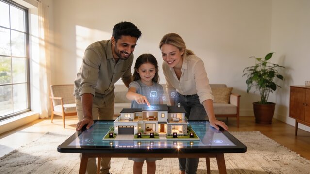 Leaning parents and daughter pointing at holographic house model on touchscreen table, living room