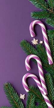 Festive holiday treats and evergreen branches are arranged on a purple background.