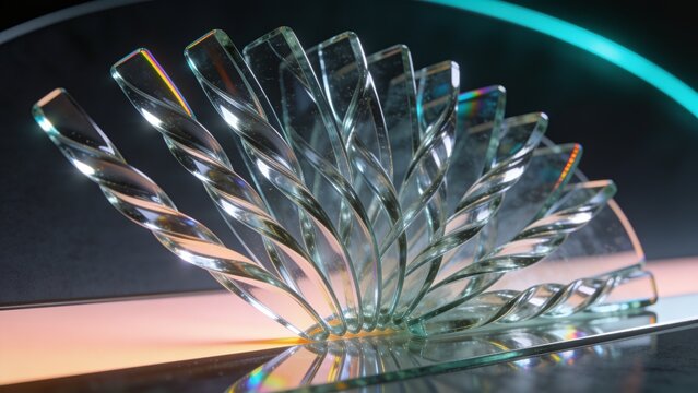 Showing twisted clear glass blades forming fan on mirror table, with pink and teal lighting