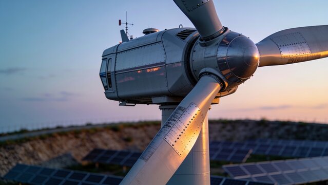 Displaying wind turbine nacelle, rotor blade, rivets reflecting sunset at solar site with panels