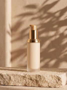 Cosmetic pump bottle on stone surface with natural leaf shadow backdrop