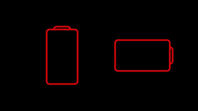 Flashing low battery level icons in red color. Vertical and horizontal layout on a black background
