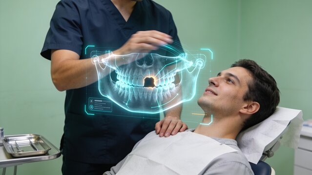Using projected X-ray dentist navy scrubs showing one tooth above patient in chair bib at clinic