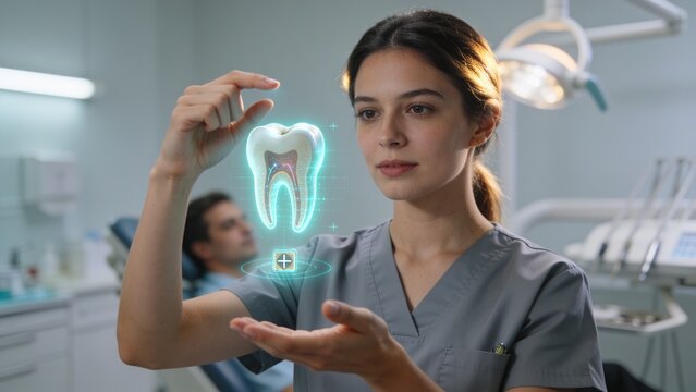 Manipulating female dentist in gray scrubs holding holographic tooth in clinic, patient nearby