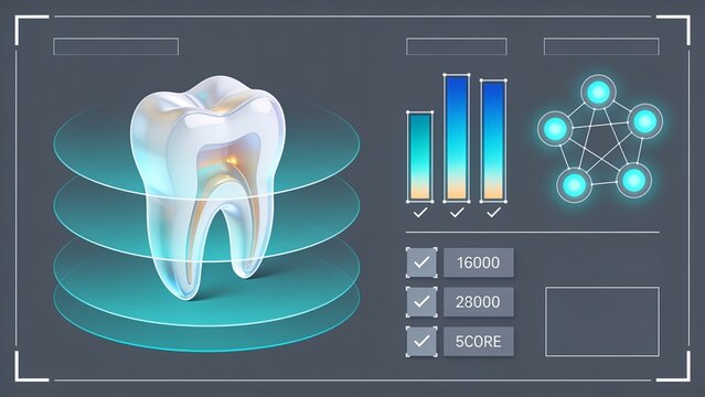 Rotating large glossy 3D tooth model on left of digital dashboard, showing bar charts and nodes