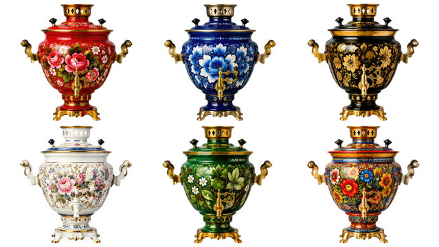 Colorful hand-painted Russian samovars set with ornate floral designs and brass fittings, footed urns with spigots and handles, decorative vintage tea urns in red, blue, black, white and green