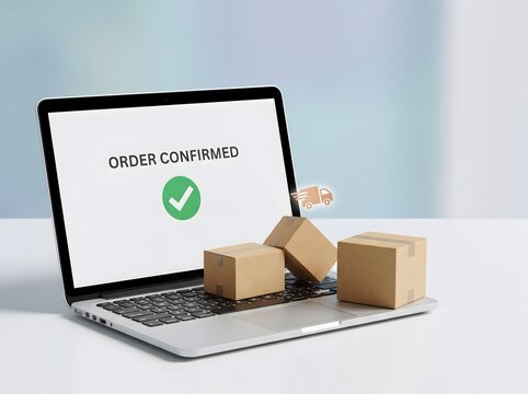 Online shopping order confirmed confirmation delivery parcel boxes laptop screen