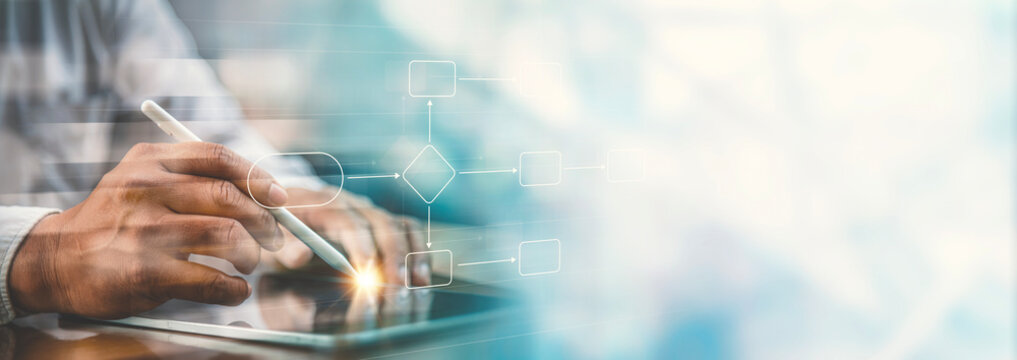 Business Process Automation and Workflow Flowchart Banner with Stylus Pen on Digital Tablet.