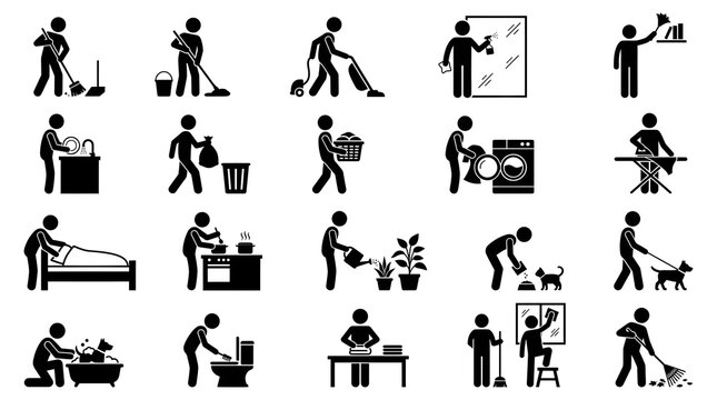 Collection of household chores and housework cleaning black icons set