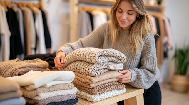 Woman thoughtfully organizing folded knit garments in a retail space.
