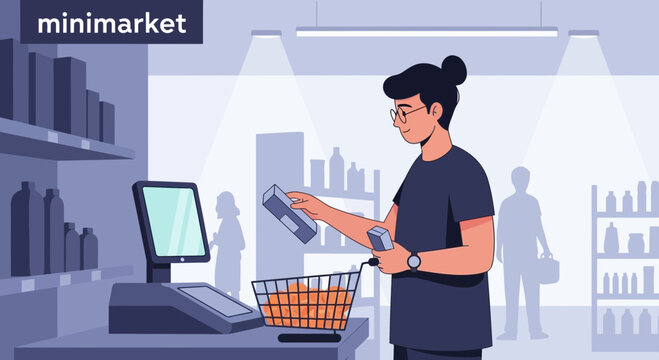 Man shopping in a minimarket, choosing products, supermarket aisle, consumerism