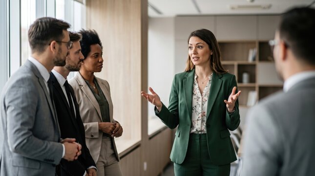 Colleagues discussing in modern office while businesswoman explains idea to focused professional group during collaborative workplace meeting and conversation