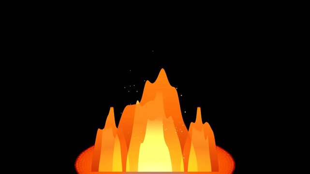 Animated pixel art flame with vibrant orange and yellow hues, glowing embers, and a flickering effect on a black background. Suitable for game assets or motion graphics.