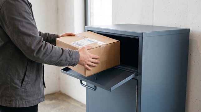 Person placing a cardboard package into a modern dark gray parcel locker for secure delivery and pickup