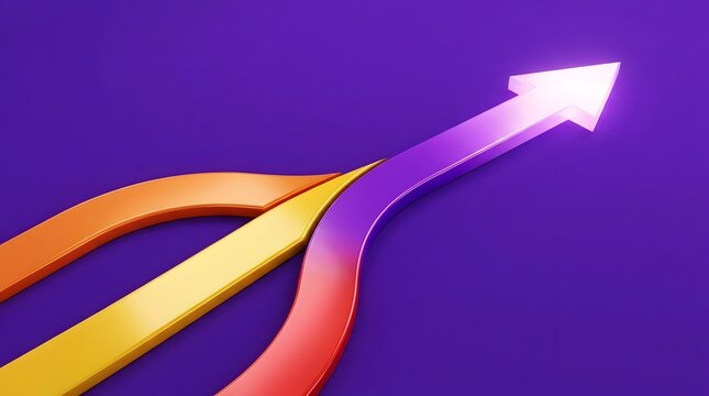 Colorful merging arrows combining into a single glowing path illustrating corporate integration and unified business direction
