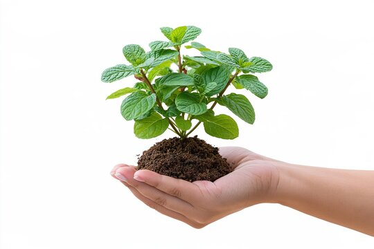 Healthy green plant is held carefully in open human hands against a white background.