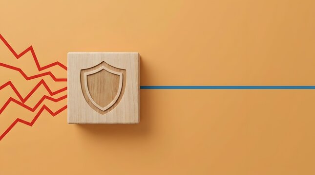 Risk management concept showing a wooden shield block absorbing red threat waves and outputting a stable blue line