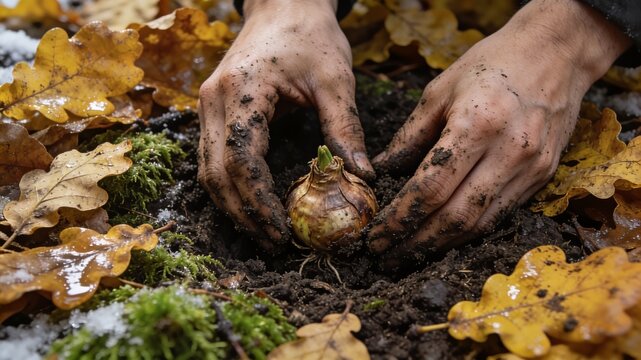 Dirty hands gently planting a spring bulb in frosty soil covered with oak leaves, celebrating the fertile hope of human and autumn gardening.
