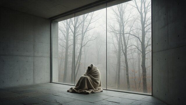 A person bundled in a heavy blanket sits before a huge window facing misty trees, capturing the quiet isolation of human and autumn chill.