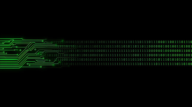 Digital binary code flowing through glowing green circuit board pattern design
