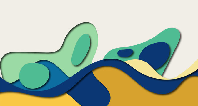 Abstract paper cut background with layered wavy shapes in blue, green, and yellow