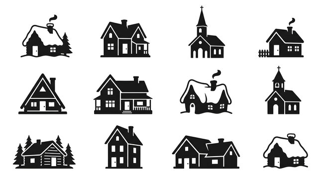 Charming collection of black silhouette houses a versatile vector bundle for festive holiday designs christmas cards and winter themed graphic projects