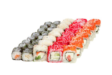 Rows of sushi rolls with fish, rice, seaweed, and colorful roe arranged for serving © fotofabrika