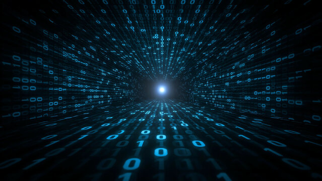 Digital binary code tunnel with glowing center point creating futuristic data visualization effect