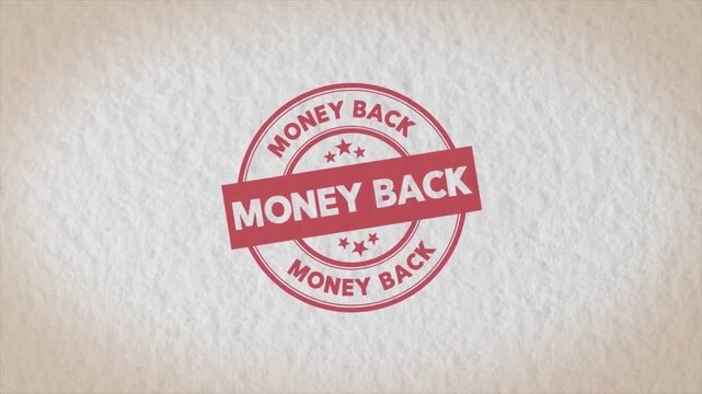 Money back guarantee stamp on textured white background, red refund badge animation, customer satisfaction assurance, return policy concept, 4k motion graphic