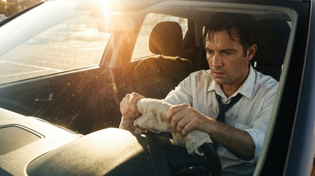 Exhausted sweaty businessman sits inside a hot car under intense sunlight holding a towel.