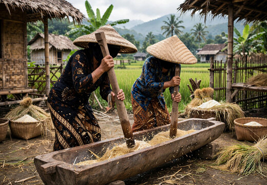 Two traditional Javanese women pounding rice grains in wooden mortar lesung for traditional agriculture