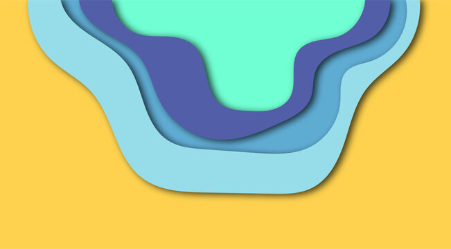 Abstract layered paper cut art background featuring soft pastel colors of mint green, blue, and yellow with shadow effects creating a 3d depth illusion