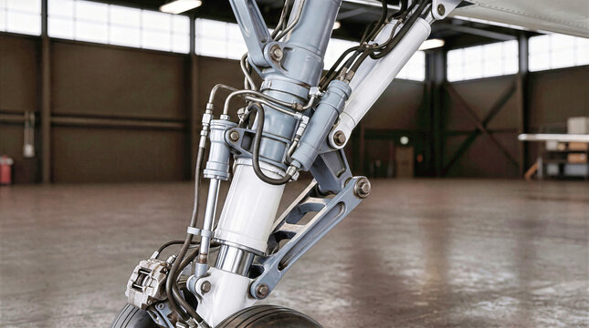 Aircraft landing gear hydraulic strut assembly with steel mechanism and brake system in airplane hangar. Close up view of industrial aerospace engineering, aviation maintenance and technology