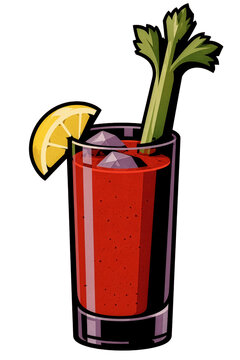 Classic Bloody Mary Cocktail with Celery and Lemon Garnish &ndash; Retro Vintage Drink Illustration