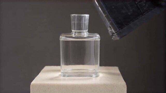 Clear perfume bottle catching a traveling studio reflection