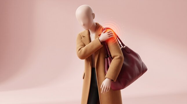 3d illustration of stylized character experiencing shoulder pain and muscle strain from carrying a heavy leather bag for medical and ergonomics concepts
