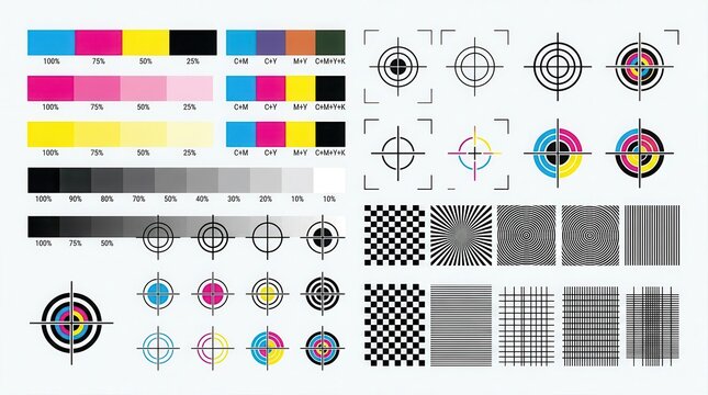 Technical print registration marks and CMYK color gradients for offset printing calibration