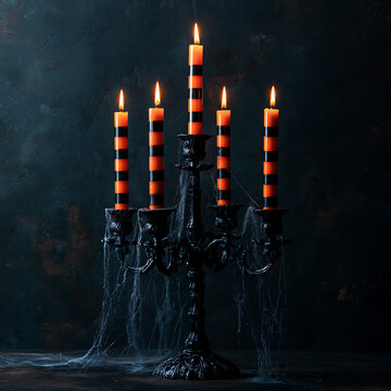 Black candle holder with an orange and black pattern, fake spiderwebs