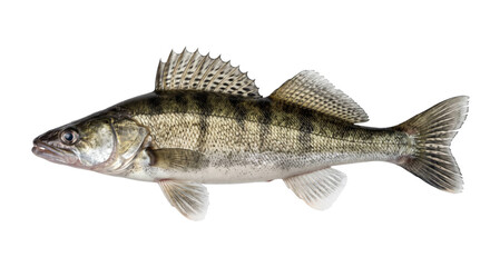 Detailed side view of a European zander fish with raised spiny dorsal fins on black © Ophelia