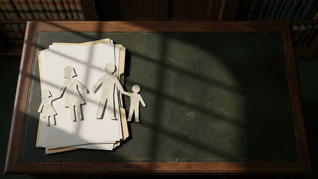 Paper chain of family figures with center bond unlinked on dark desk