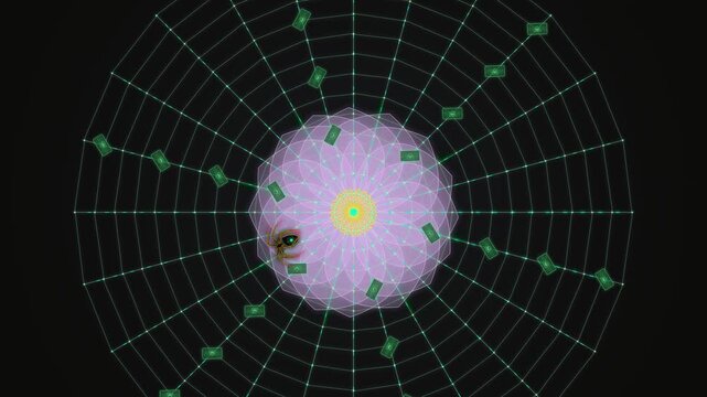 Abstract conceptual animation showing systemic micro debt ecosystem with a predatory spider web trapping money representing compounding interest barricade and collateral extraction