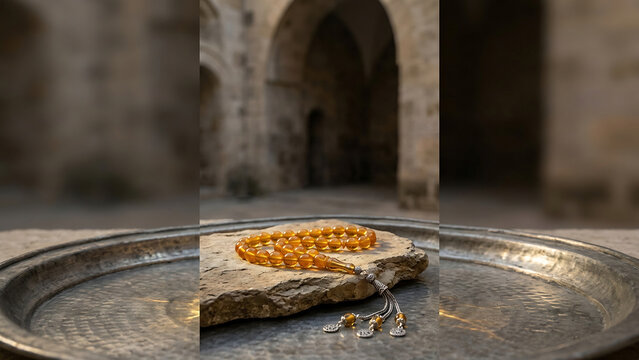 Polished amber prayer beads with silver tassel
