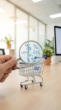 Hand holding a magnifying glass over a miniature shopping cart with percentage signs in an office.