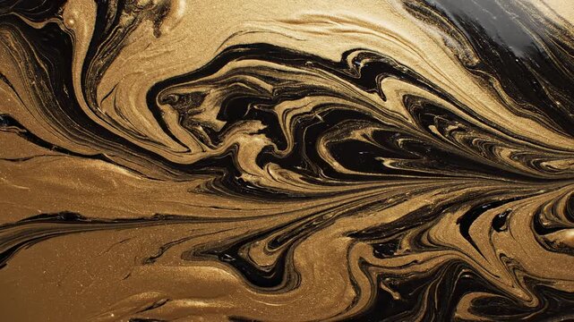 Black, gold, and white paint flows into swirling patterns on a flat surface during an abstract marbling process, with no location or time provided